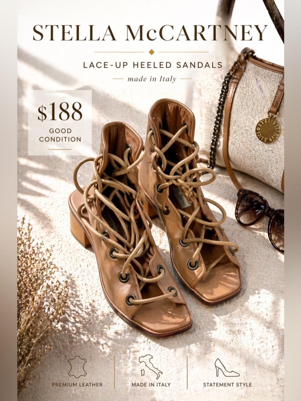 Stella McCartney Tan Lace-Up Heeled Sandals Open Toe Size 39